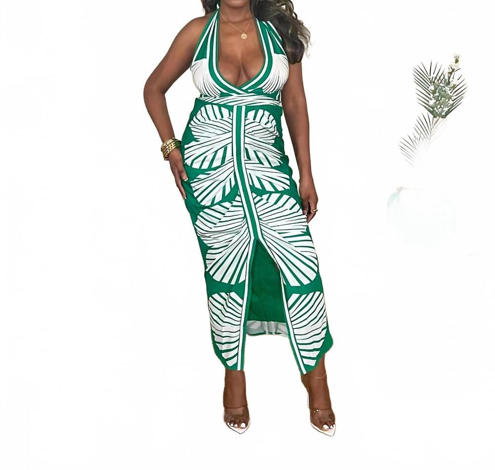 NEW CHICWAYS sunny livin' palm print dress in green